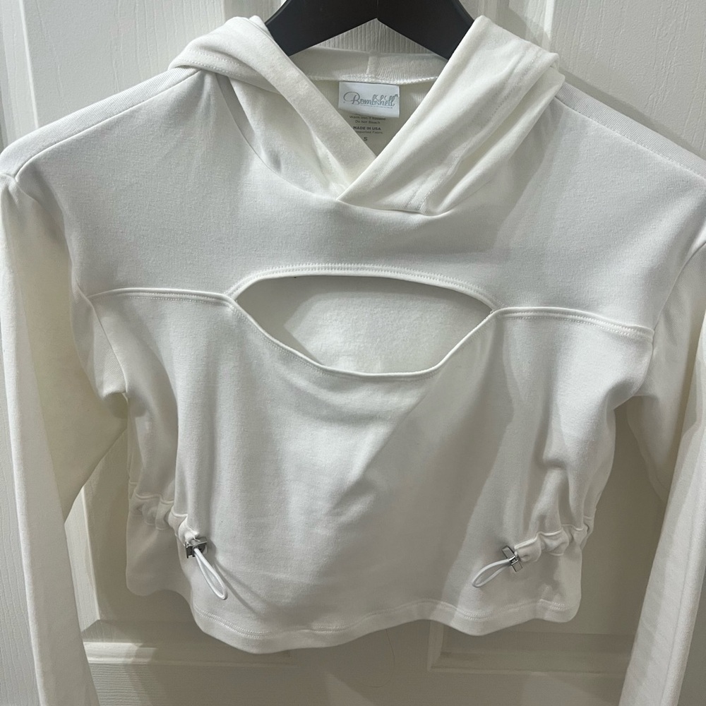 Bombshell White Cropped Hoodie Cover Up with adjustable drawstrings. Size S.